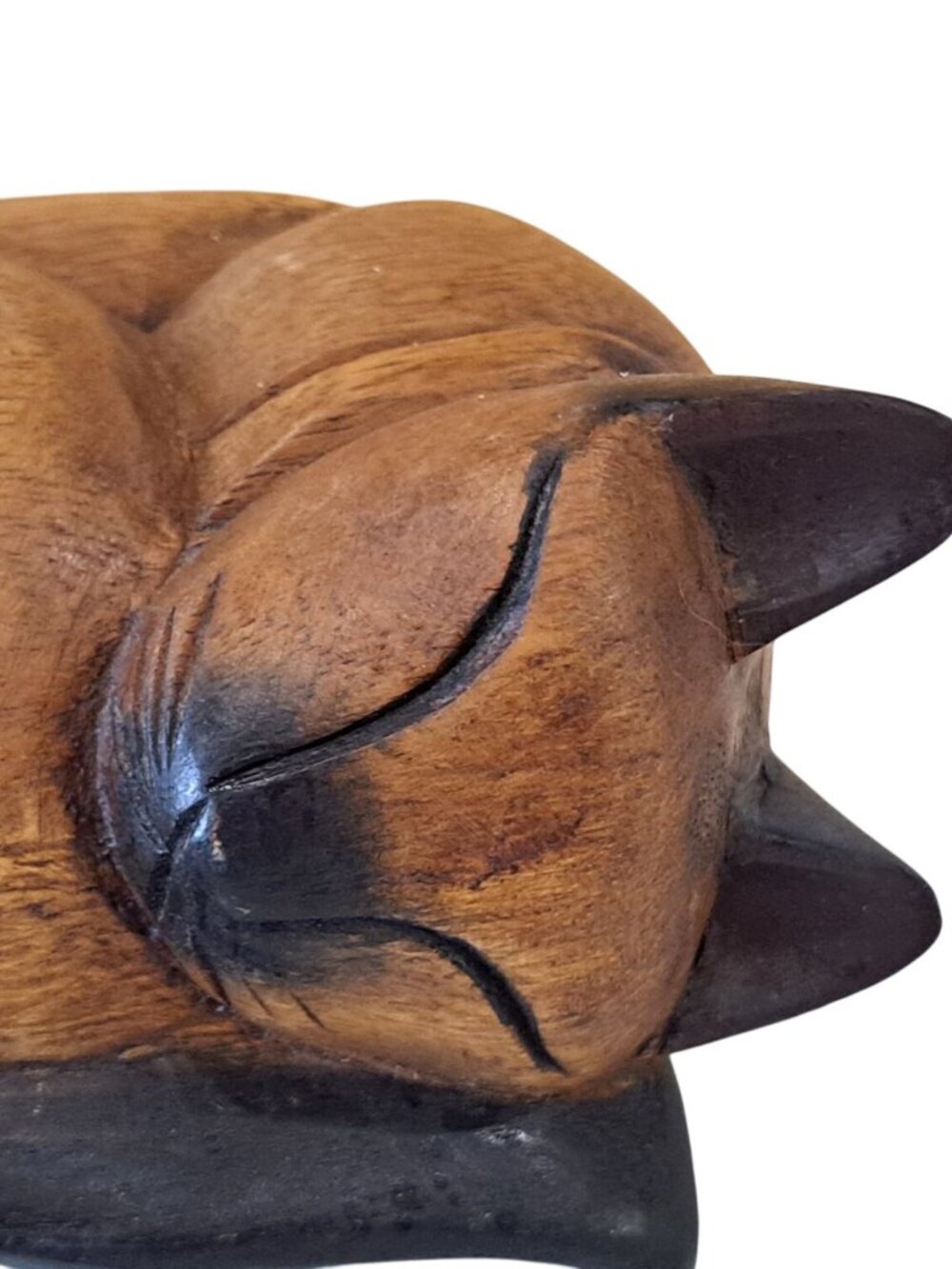 Sleepin Cat Hand-Carved Wooden Figurine From Thailand 5" Decorative Sculpture